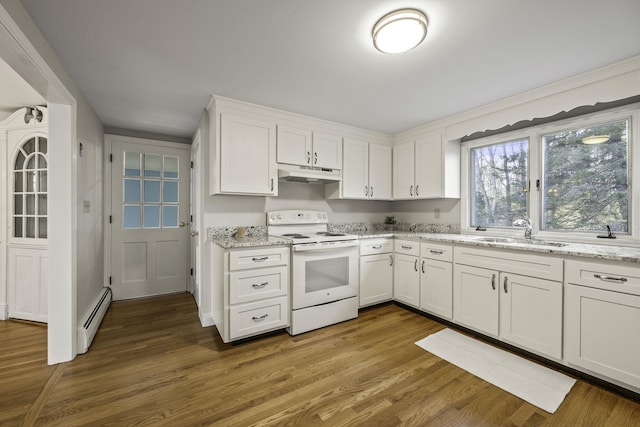 kitchen with sink, light stone counters, electric range, a baseboard radiator, and white cabinets