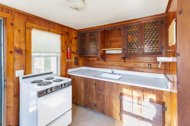 82 Diane Dr, Chatham, MA 02633 - kitchen featuring sink, white electric range oven, and wooden walls