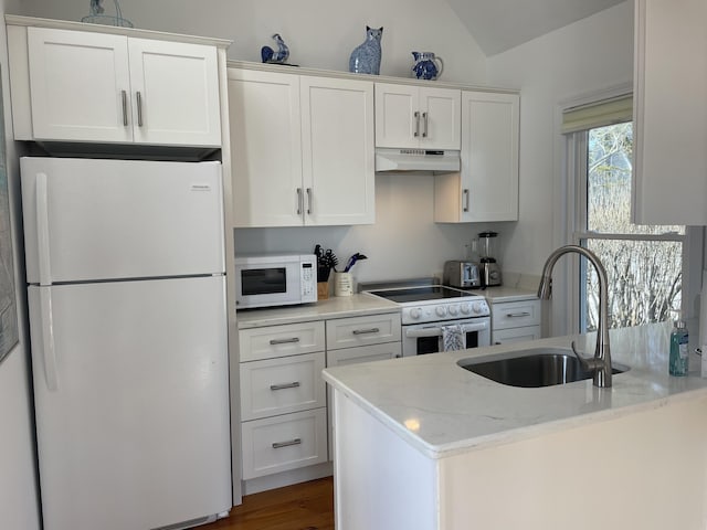 16 Hydrangea Ln, Mashpee, MA 02649 - kitchen featuring white appliances, under cabinet range hood, a sink, white cabinetry, and light stone counters