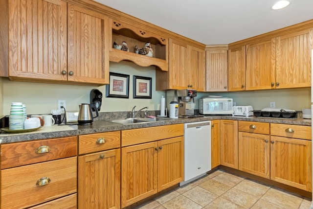 110 Dillingham Ave Unit 212U, Falmouth, MA 02540 - kitchen featuring white appliances, dark countertops, open shelves, and recessed lighting