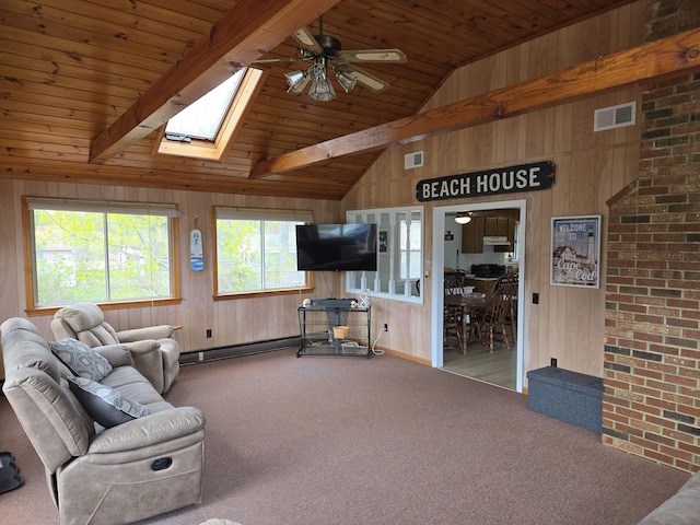 living area featuring wooden walls, carpet, a ceiling fan, and visible vents