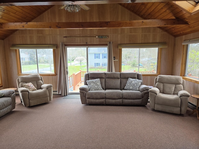 living area featuring vaulted ceiling with beams, carpet flooring, wood ceiling, and wooden walls