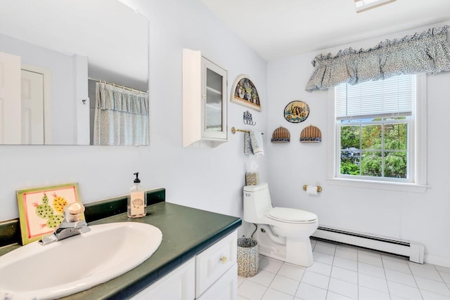 72 Rosemary Ln, Centerville, MA 02632 - full bathroom with baseboard heating, vanity, toilet, tile patterned flooring, and curtained shower
