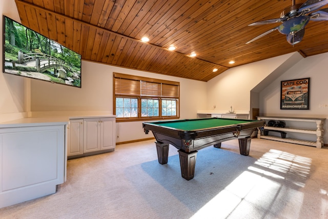 playroom with wood ceiling, light colored carpet, pool table, and lofted ceiling