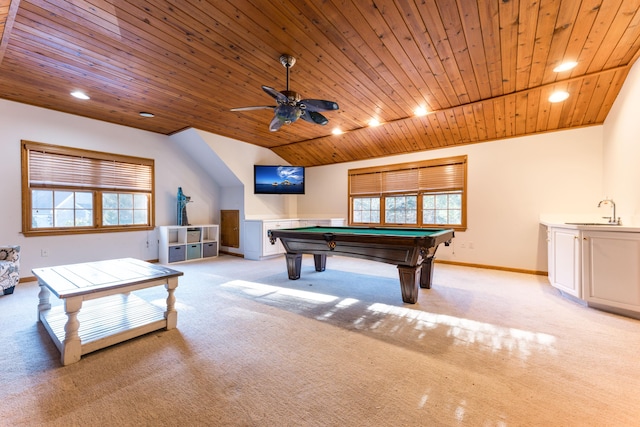 recreation room with sink, light colored carpet, billiards, vaulted ceiling, and wooden ceiling