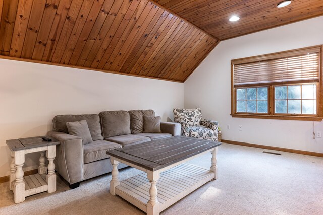 carpeted living room featuring wooden ceiling and lofted ceiling