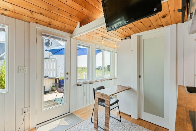 963 Commercial St Unit U30, Provincetown, MA 02657 - doorway to outside featuring light wood-style floors, healthy amount of natural light, wood ceiling, and wooden walls