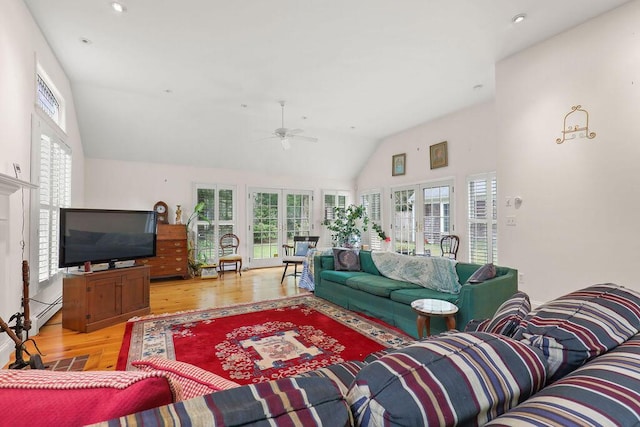 181 Pleasant St, South Yarmouth, MA 02664 - living area with a ceiling fan, light wood-style floors, recessed lighting, and high vaulted ceiling