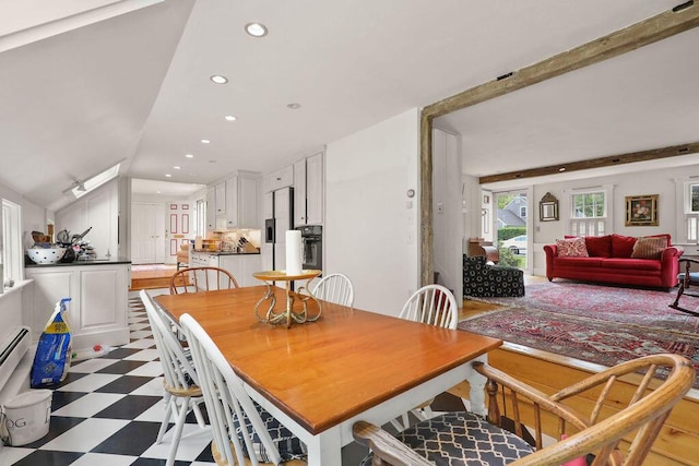 181 Pleasant St, South Yarmouth, MA 02664 - dining area featuring light floors, recessed lighting, and vaulted ceiling
