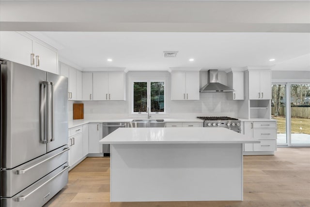 kitchen featuring wall chimney range hood, sink, high end appliances, white cabinets, and a kitchen island