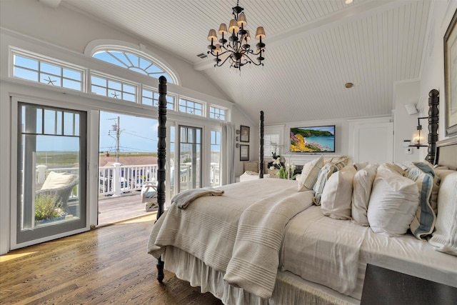 16 Beach View Rd, West Dennis, MA 02670 - bedroom with access to outside, a chandelier, wood finished floors, multiple windows, and high vaulted ceiling