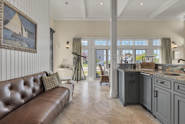 16 Beach View Rd, West Dennis, MA 02670 - kitchen with a sink, gray cabinets, beamed ceiling, light stone counters, and open floor plan