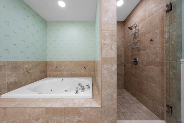 286 Grand Ave Unit 4U, Falmouth, MA 02540 - bathroom featuring a stall shower, a tub with jets, wallpapered walls, and recessed lighting