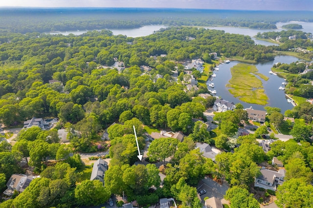 12 Running Light Way, Mashpee, MA 02649 - aerial view of property and surrounding area featuring a nearby body of water, a heavily wooded area, and property boundaries highlighted