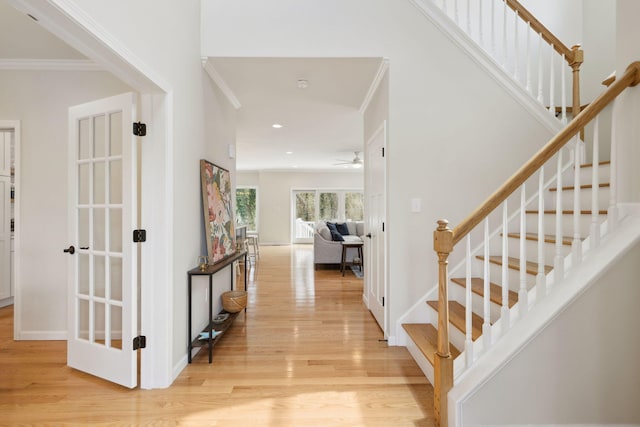 4 Charles Ln, Falmouth, MA 02540 - entrance foyer with light wood-style flooring, ornamental molding, stairs, a ceiling fan, and recessed lighting