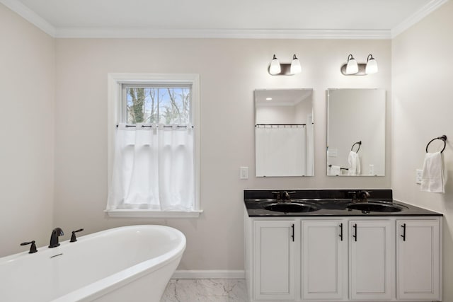 4 Charles Ln, Falmouth, MA 02540 - full bathroom featuring marble finish floors, baseboards, a freestanding tub, crown molding, and double vanity