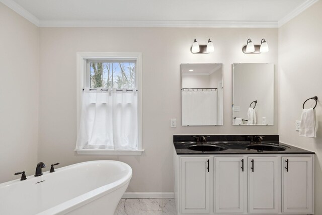 4 Charles Ln, Falmouth, MA 02540 - full bath featuring marble finish floors, baseboards, a freestanding bath, crown molding, and double vanity