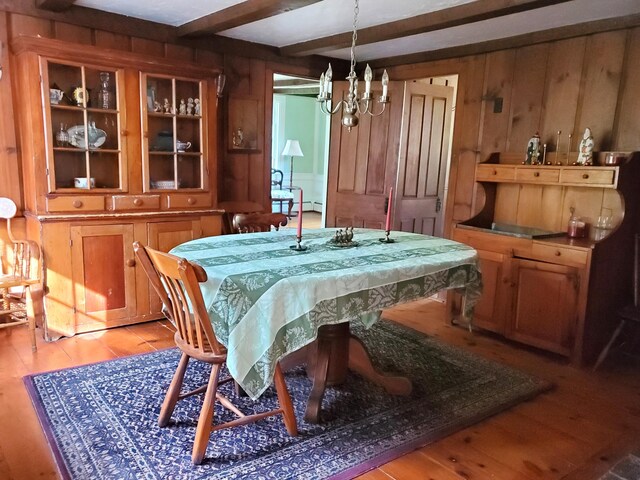 dining space with wood-type flooring, an inviting chandelier, beam ceiling, and wood walls