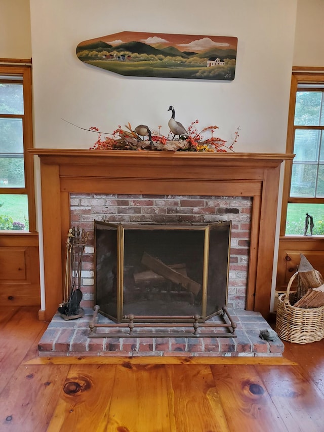 details with wood-type flooring and a fireplace