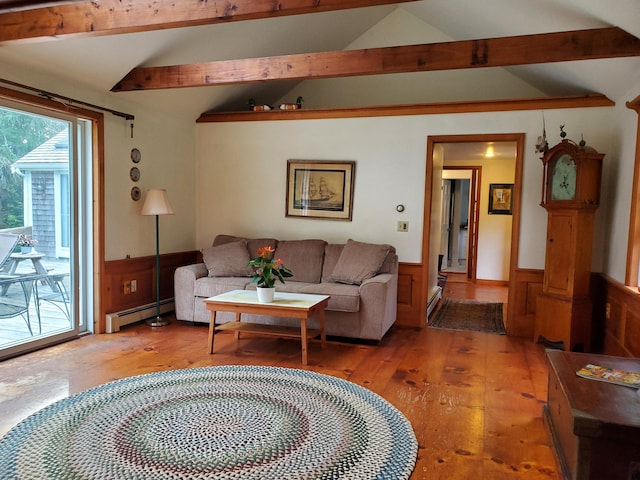 living room with a baseboard radiator, lofted ceiling with beams, and light hardwood / wood-style floors