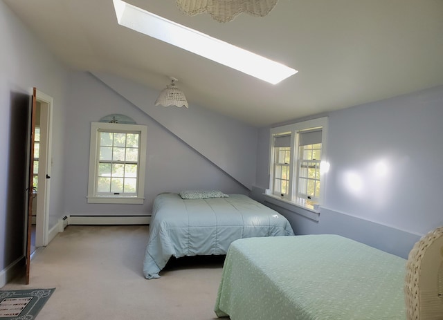 bedroom featuring light carpet, vaulted ceiling, and a baseboard radiator