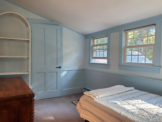 carpeted bedroom featuring lofted ceiling and a baseboard heating unit