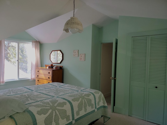 bedroom with lofted ceiling and a closet