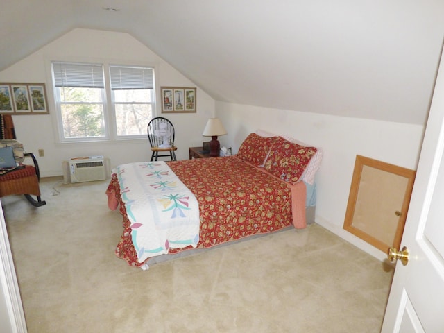 carpeted bedroom with lofted ceiling and a wall mounted AC