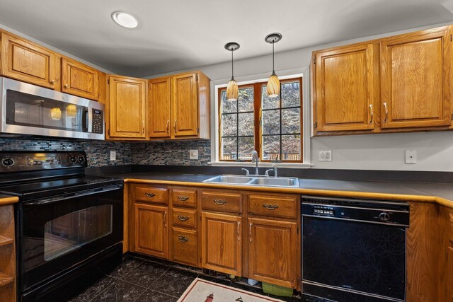 kitchen with dishwasher, decorative backsplash, sink, decorative light fixtures, and kitchen peninsula