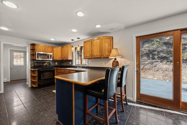 kitchen with electric range, dark countertops, stainless steel microwave, a peninsula, and open shelves