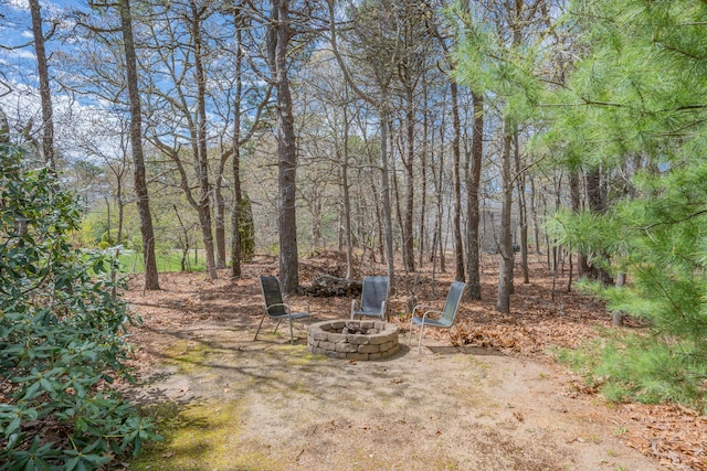view of yard with a fire pit