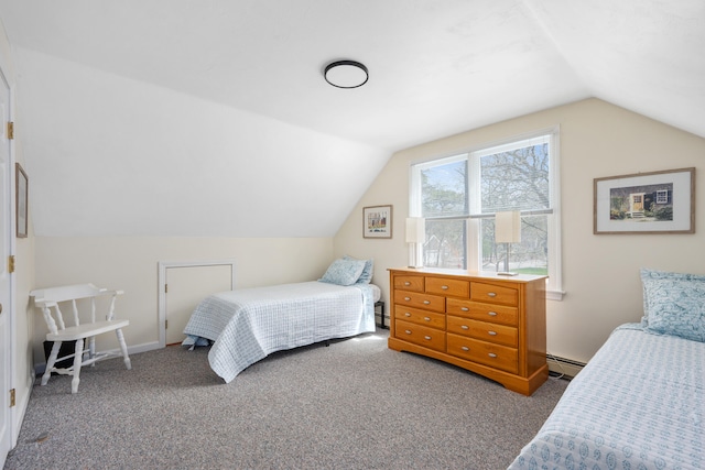 carpeted bedroom with baseboard heating, a baseboard radiator, and lofted ceiling