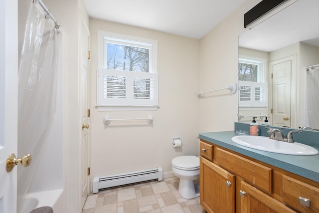 full bathroom with tile patterned floors, plenty of natural light, toilet, and baseboard heating