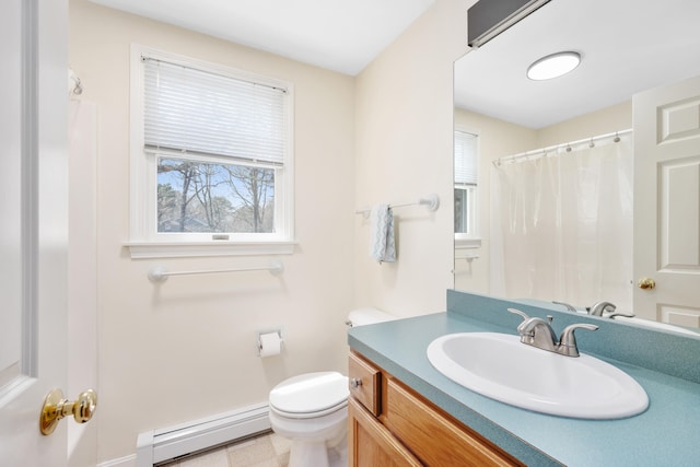 full bathroom featuring vanity, toilet, curtained shower, and a baseboard radiator