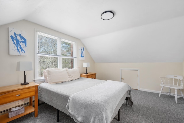 carpeted bedroom featuring vaulted ceiling and baseboards