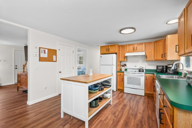 kitchen featuring white appliances, under cabinet range hood, a sink, and dark wood-type flooring