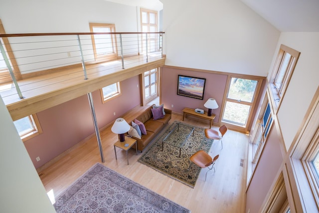 living room featuring light wood-type flooring and high vaulted ceiling