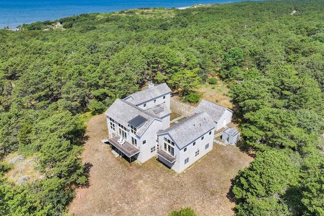 drone / aerial view with a water view