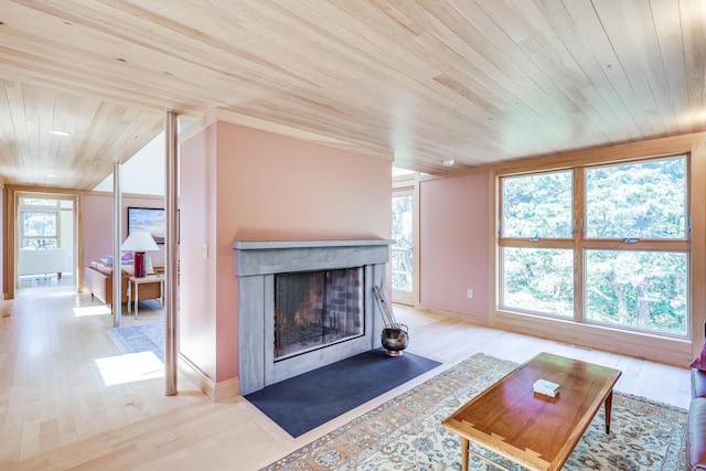 living room featuring wood ceiling and light hardwood / wood-style floors