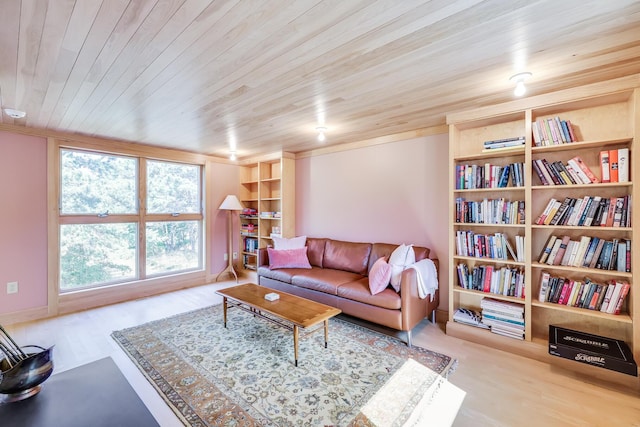 living room featuring light hardwood / wood-style floors and wooden ceiling