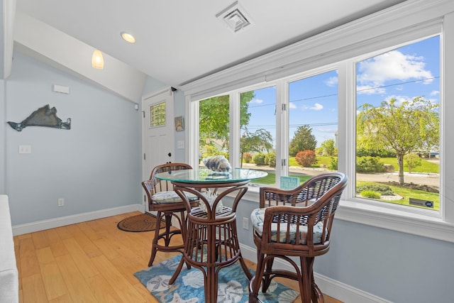 44 Buttermilk Way, Buzzards Bay, MA 02532 - dining area featuring light wood-style floors, baseboards, lofted ceiling, and recessed lighting