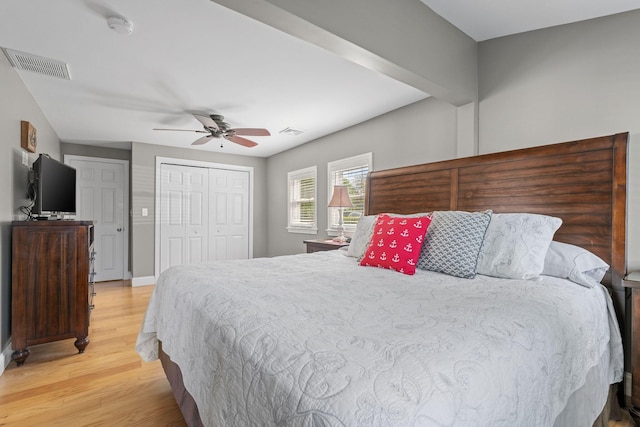 44 Buttermilk Way, Buzzards Bay, MA 02532 - bedroom featuring light wood-style floors, a closet, baseboards, and ceiling fan