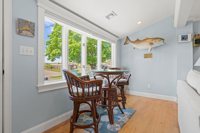 44 Buttermilk Way, Buzzards Bay, MA 02532 - dining area featuring baseboards, light wood-type flooring, vaulted ceiling, and recessed lighting