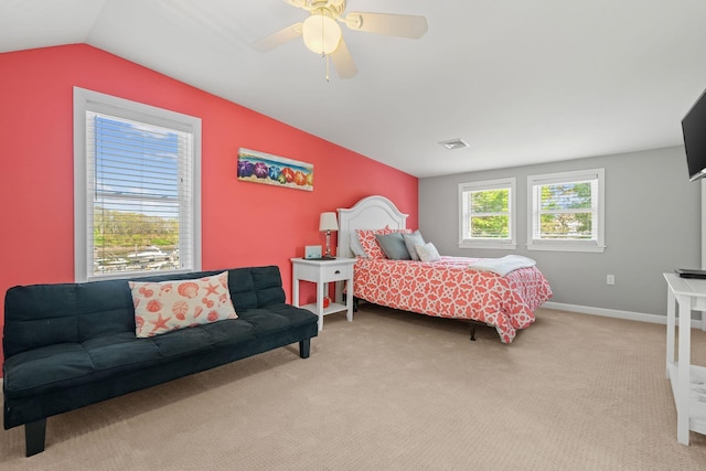 44 Buttermilk Way, Buzzards Bay, MA 02532 - bedroom with vaulted ceiling, light colored carpet, ceiling fan, and baseboards