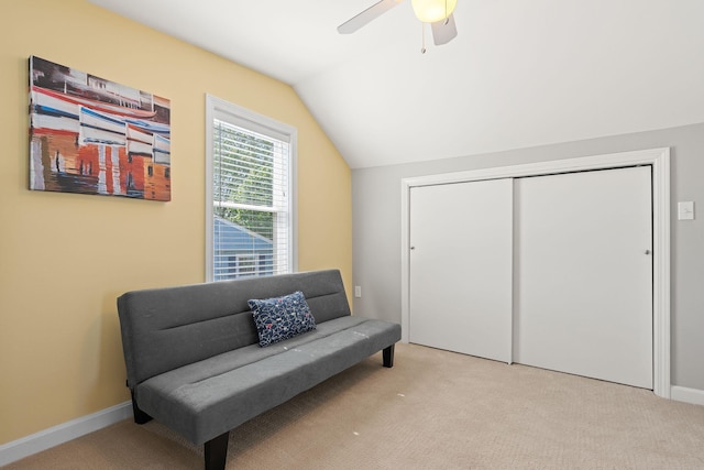 44 Buttermilk Way, Buzzards Bay, MA 02532 - living area featuring vaulted ceiling, carpet floors, a ceiling fan, and baseboards