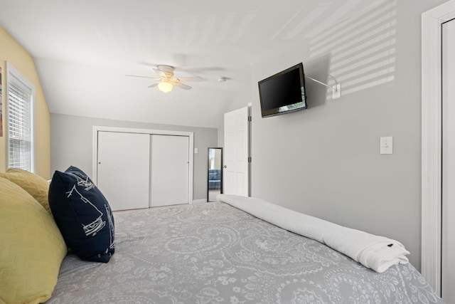 44 Buttermilk Way, Buzzards Bay, MA 02532 - carpeted bedroom with vaulted ceiling, a closet, and ceiling fan