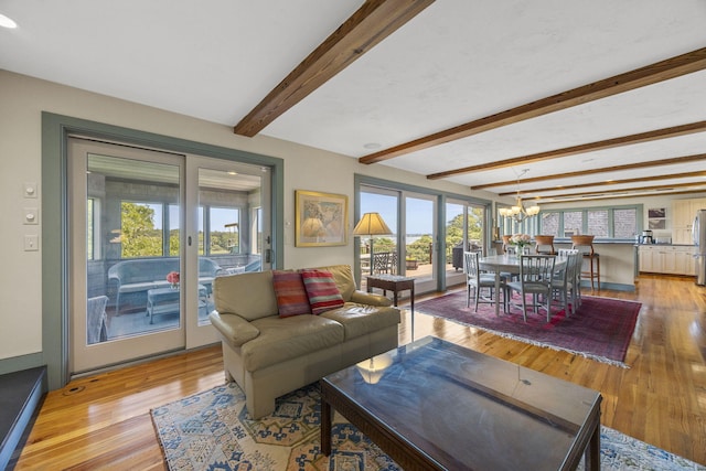 7 Squanto Dr, Chatham, MA 02633 - living room featuring healthy amount of natural light, beamed ceiling, light wood-style floors, and a chandelier