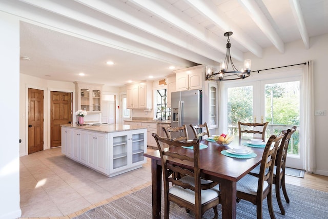 532 S Orleans Rd, Orleans, MA 02653 - dining area featuring a chandelier, beam ceiling, recessed lighting, and light tile patterned floors