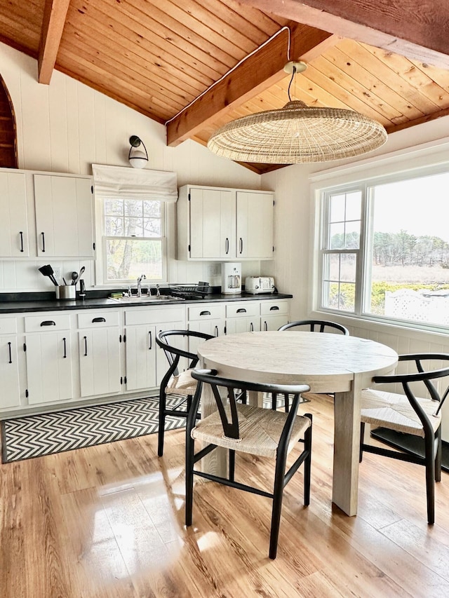 100 Hiawatha Rd Unit B, Wellfleet, MA 02667 - kitchen featuring dark countertops, light wood-type flooring, a sink, wood ceiling, and white cabinetry