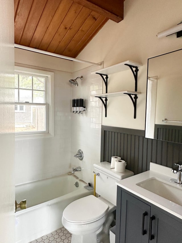 100 Hiawatha Rd Unit B, Wellfleet, MA 02667 - full bathroom with wood ceiling, shower / tub combo, toilet, vanity, and tile patterned floors